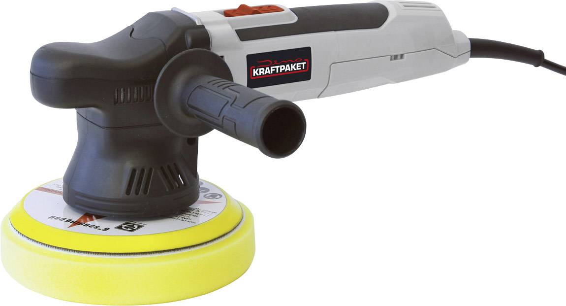 Eine elektrische Schleifmaschine mit schwarzem Griff und gelben Pad. Das Kabel läuft nach rechts. Sie wird für Oberflächenbearbeitung verwendet.