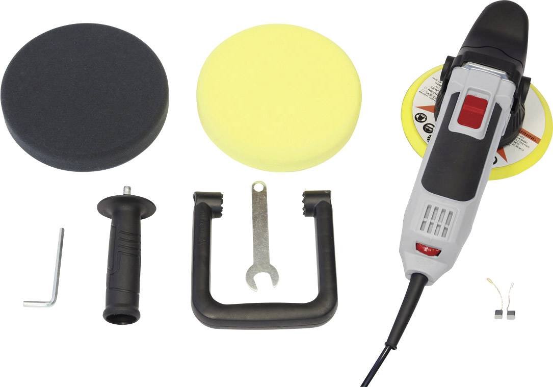 Poliermaschine mit Griff, zwei Polierpads, ein Schraubenschlüssel und ein Inbusschlüssel. Geeignet zum Schleifen und Polieren.