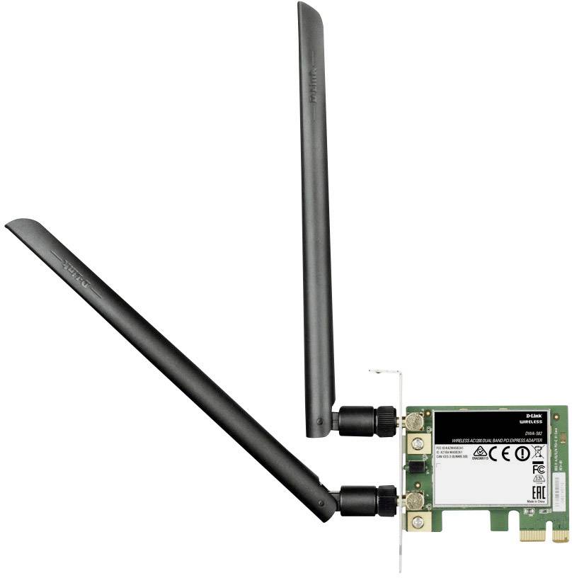 Drahtlose Netzwerkkarte mit zwei langen schwarzen Antennen, PCIe-Anschluss und Herstellerkennzeichnung auf der weißen Rückplatte.