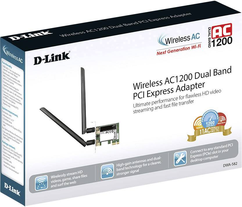 Verpackung eines D-Link Wireless AC1200 Dual Band PCI Express Adapters mit zwei Antennen für schnelle HD-Videostreams und Dateiübertragung.