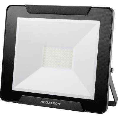 Ein schwarzer LED-Strahler mit rechteckigem Rahmen und integriertem Standfuß. Das Zentrum enthält ein LED-Panel mit mehreren Leuchtpunkten.