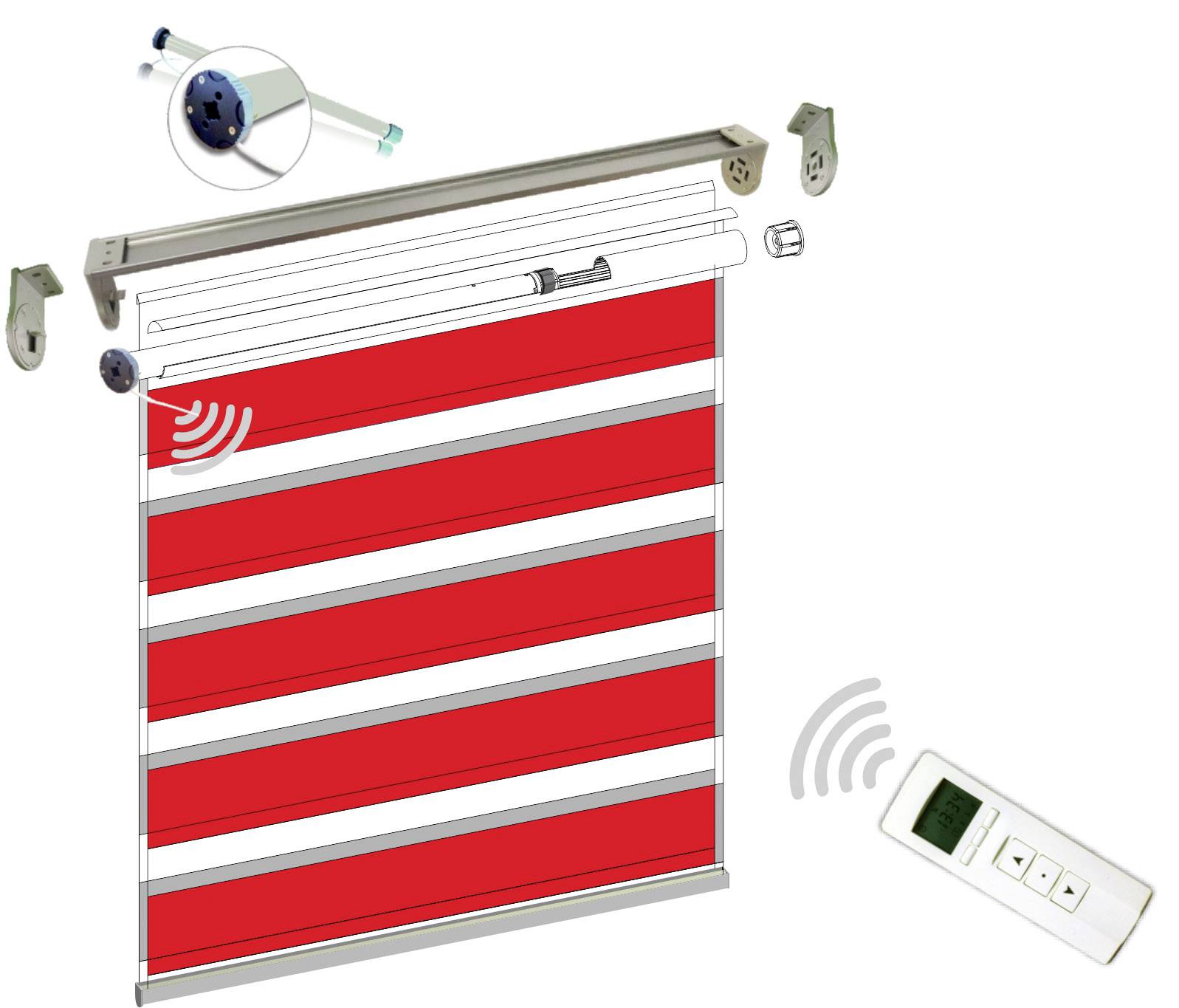 Elektrisches Rollladen-System mit Fernbedienung. Roter und weißer Streifen-Lamellen, Motor und Halterungen sichtbar.