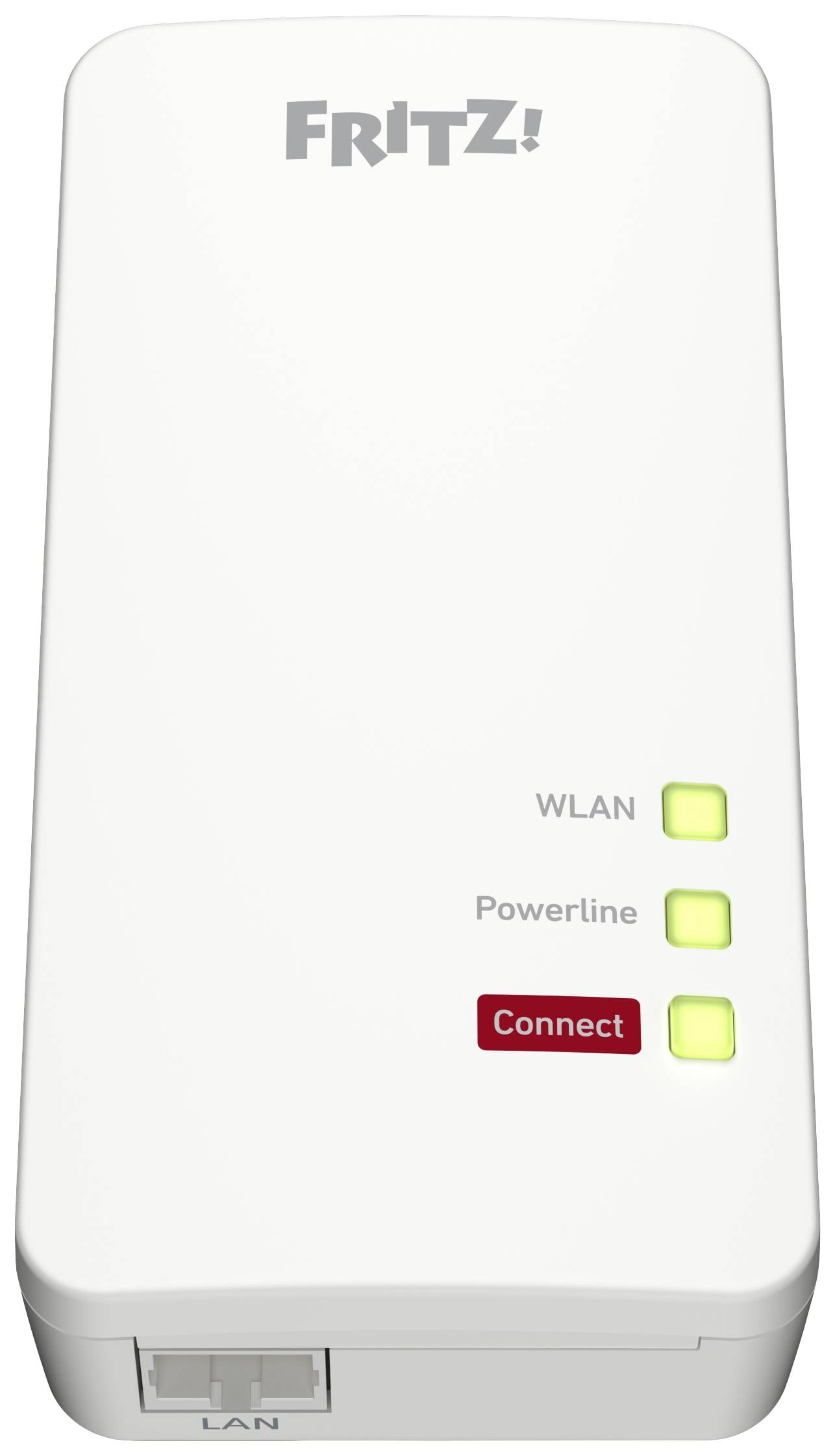 FRITZ! Powerline-Adapter mit WLAN- und Powerline-LEDs. Zwei grüne LEDs für WLAN und Powerline, rote für Connect-Funktion. LAN-Anschluss unten.