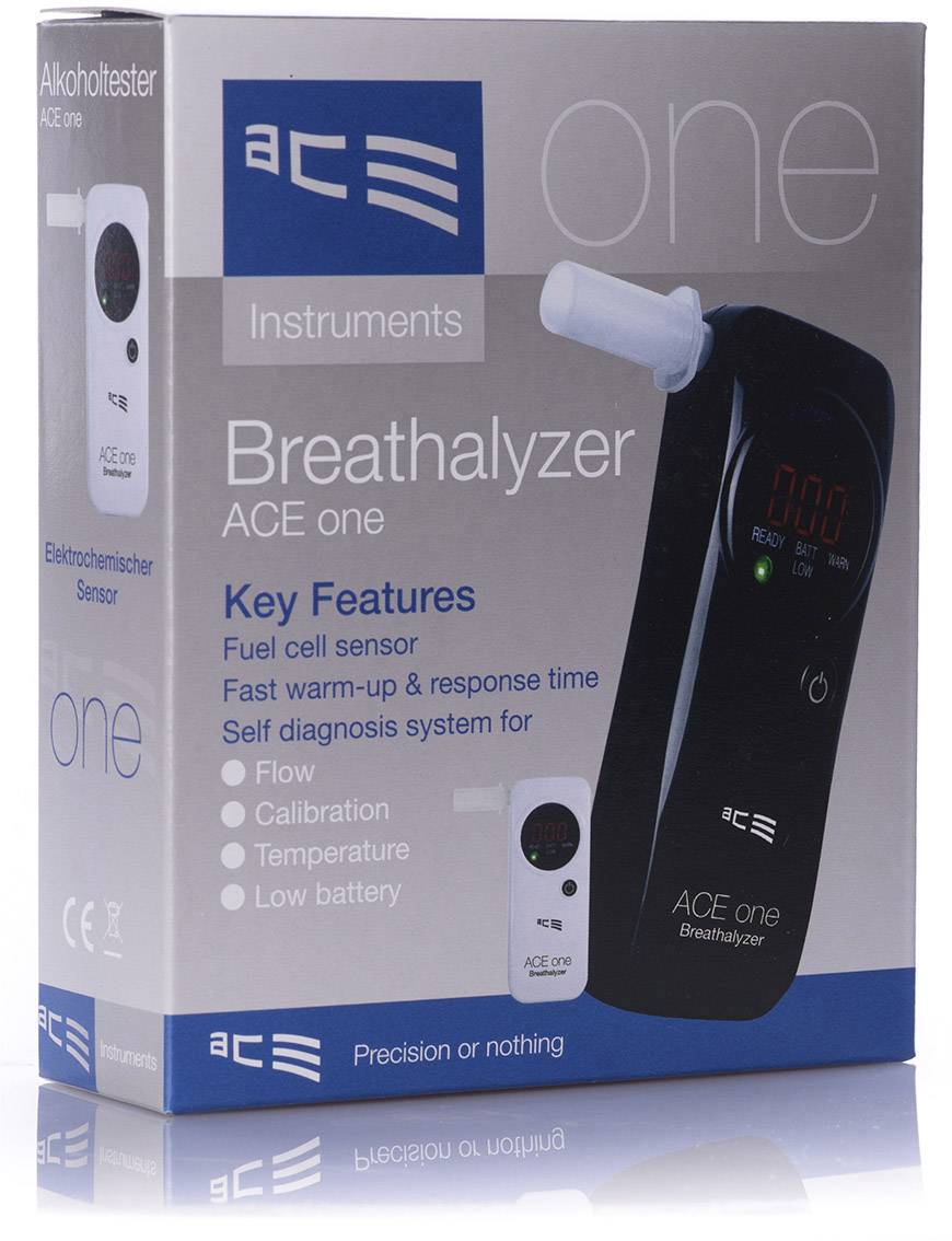 Verpackung eines elektronischen Alkoholtesters mit Display und Mundstück. Text: 'Breathalyzer ACE one', Hauptmerkmale aufgelistet.