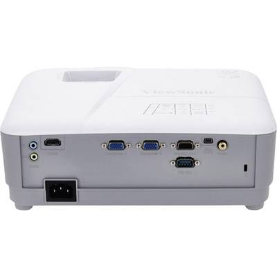 Der Beamer zeigt die Rückseite mit mehreren Anschlüssen, darunter HDMI, VGA und USB. Zum Anschluss externer Geräte wie Computer und Audio.