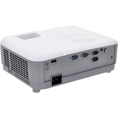 Ein weißer und grauer Multimedia-Projektor mit mehreren Anschlüssen auf der Rückseite, darunter HDMI, VGA und Audioein- und -ausgänge.