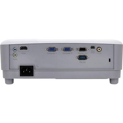 Das Bild zeigt die Rückseite eines Projektors mit mehreren Anschlüssen, darunter HDMI, zwei VGA-Ports, Audio, Video und RS-232.