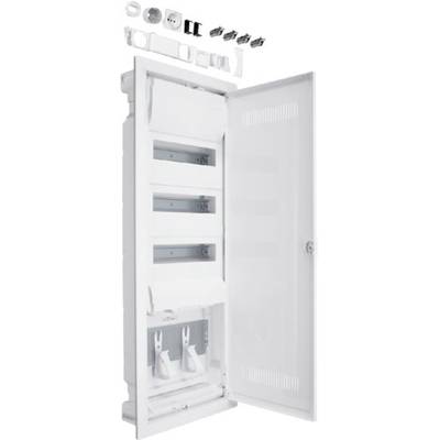 Weißer Schaltschrank mit geöffneter Tür, zeigt interne Fächer und Befestigungen. Zubehör befindet sich oberhalb.