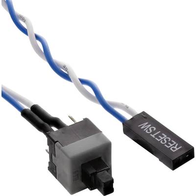 Reset-Schalter mit blau-weißem Kabel, rechteckiger Stecker und schwarzer Knopf. Verwenden in PC-Gehäusen zur Systemneustart.