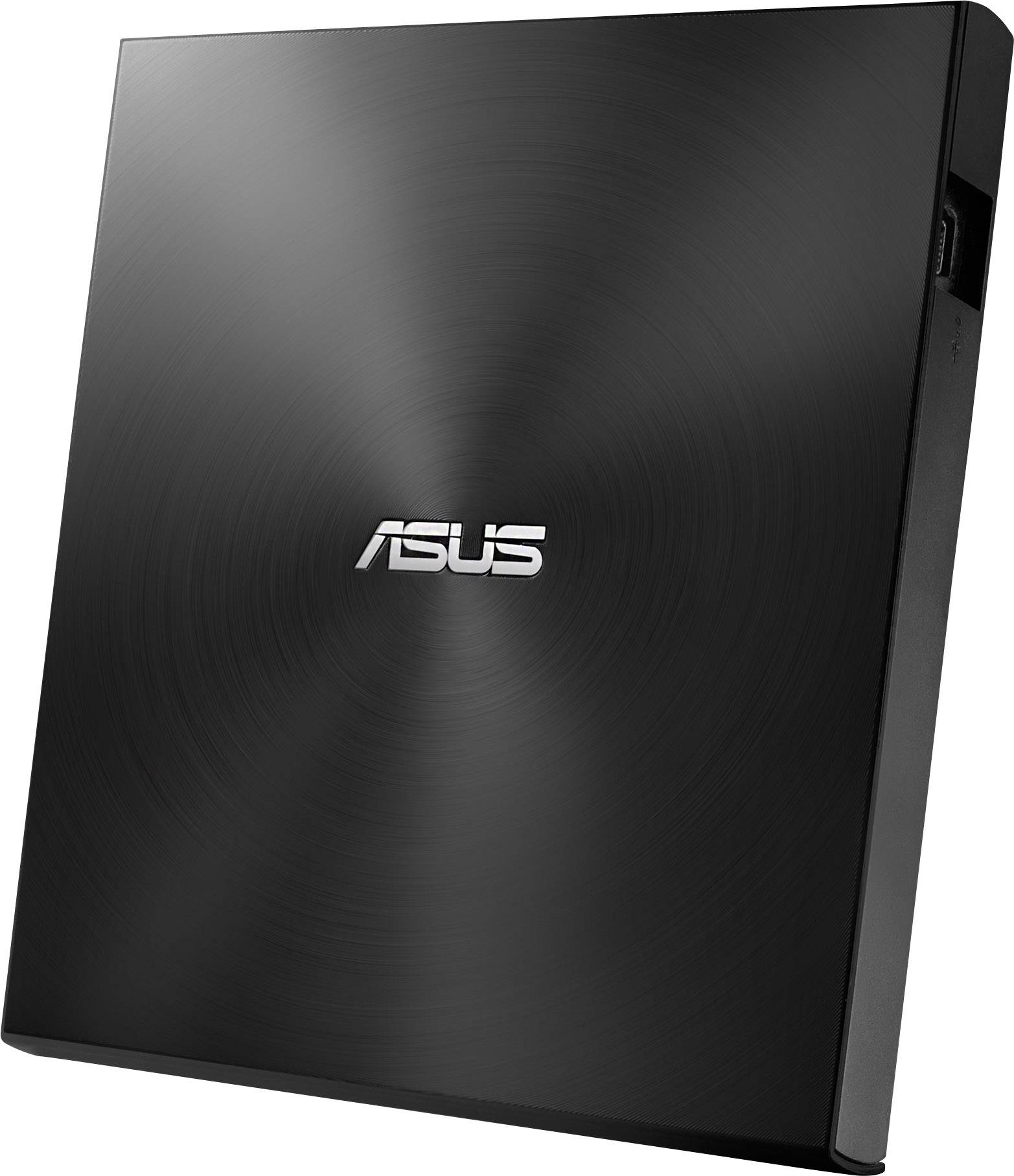 Externes ASUS-Laufwerk in schwarzem Gehäuse, vorne geschlossen, mit dem Logo in der Mitte.