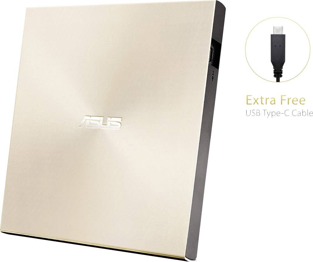 Externes ASUS-Laufwerk in goldfarbenem Gehäuse mit kostenlosem USB-Typ-C-Kabel.