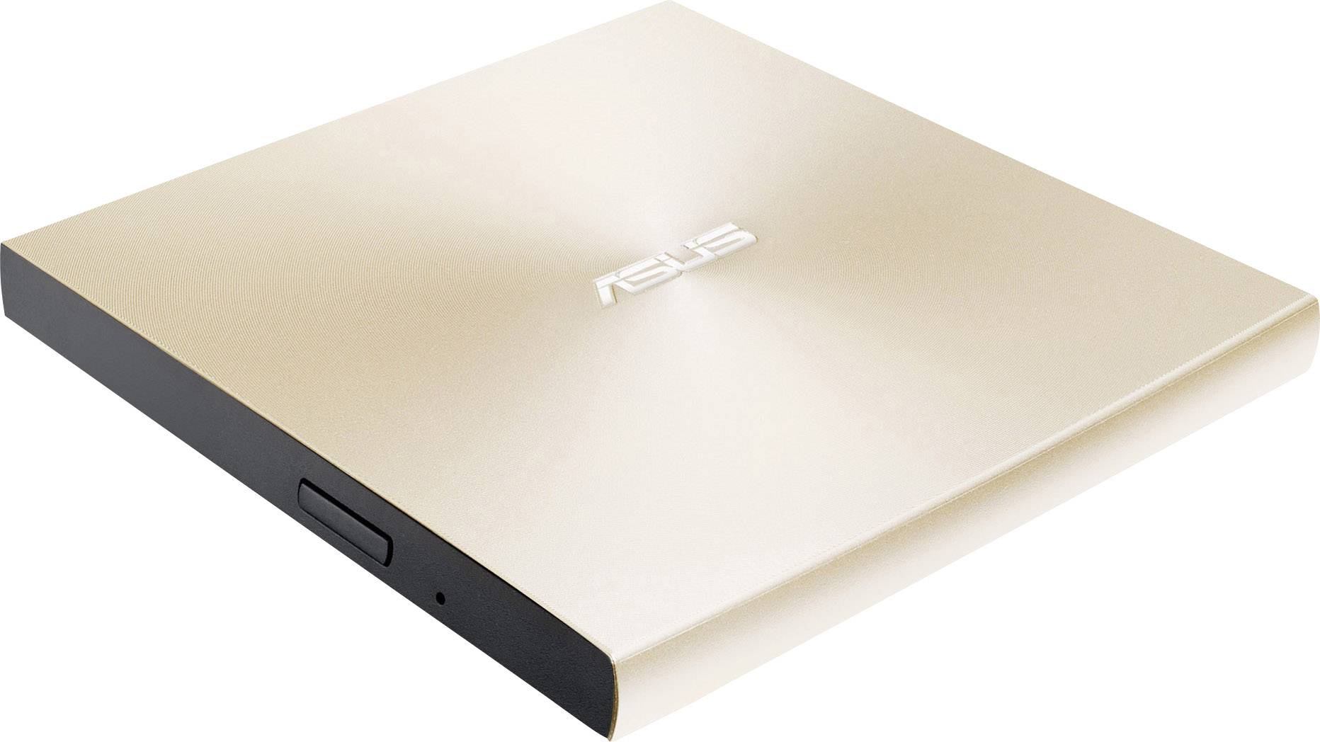 Externer goldfarbener DVD-Brenner mit schlankem Design, seitlich sichtbarem Knopf und ASUS-Logo oben.