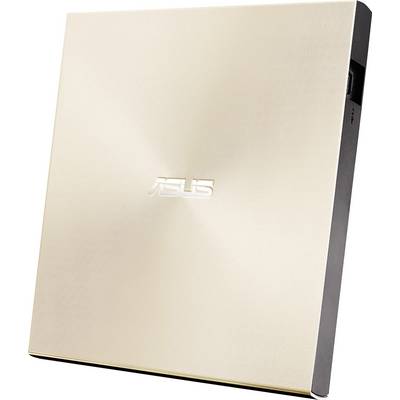 Externer ASUS DVD-Brenner in goldfarbener Hülle, schlankes Design, vertikal ausgerichtet.