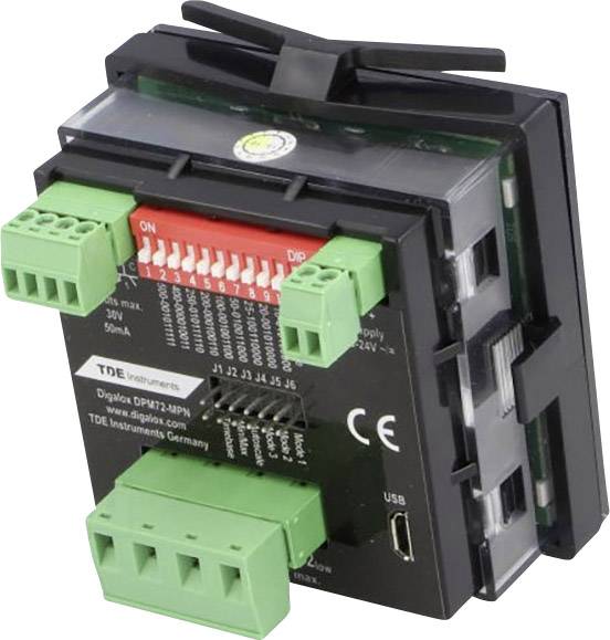 Ein schwarzes elektronisches Messgerät mit mehreren grünen Anschlussklemmen, Beschriftungen und einem kleinen USB-Anschluss unten.