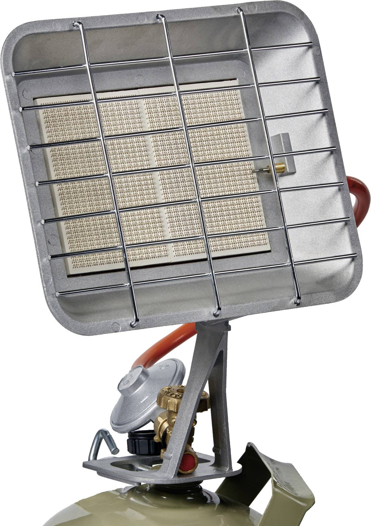 Heizstrahler mit Gasflasche, Metallgitter und Regler, zur mobilen Wärmeversorgung im Freien.