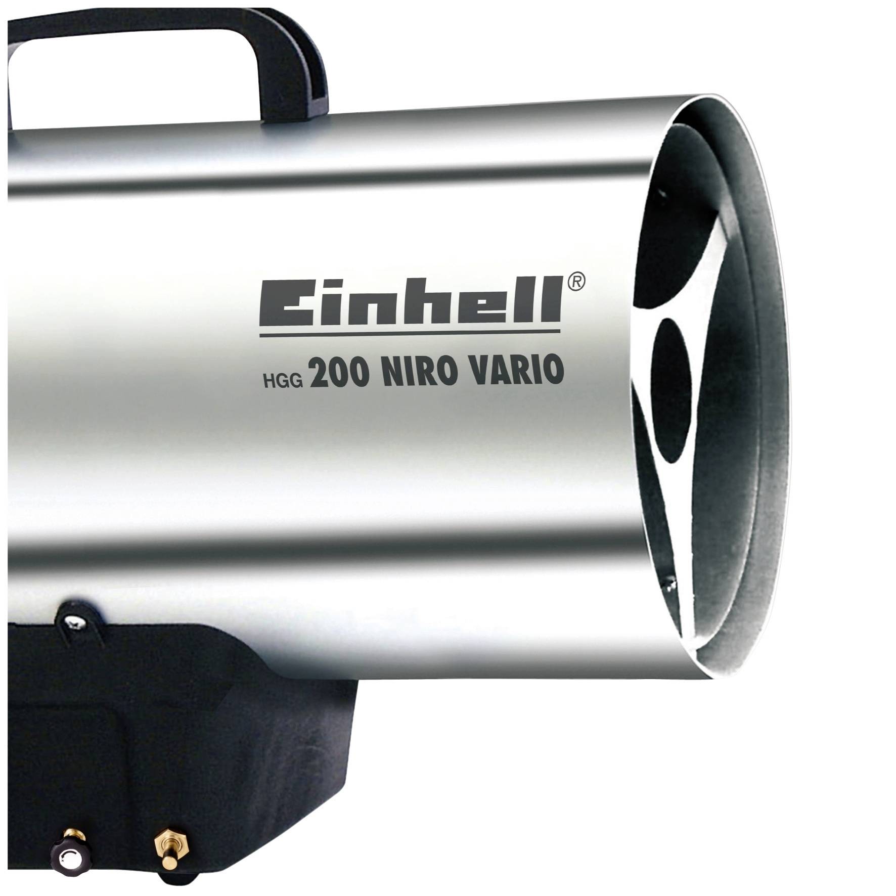 Ein Heizgerät aus Metall mit der Aufschrift 'Einhell HGG 200 NIRO VARIO'. Es hat ein gebogenes Rohr zur Wärmeabgabe und einen Tragegriff.