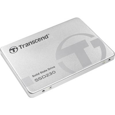 Silberne externe Festplatte mit der Aufschrift 'Transcend Solid State Drive SSD230'. Sie hat ein schlichtes, rechteckiges Design.