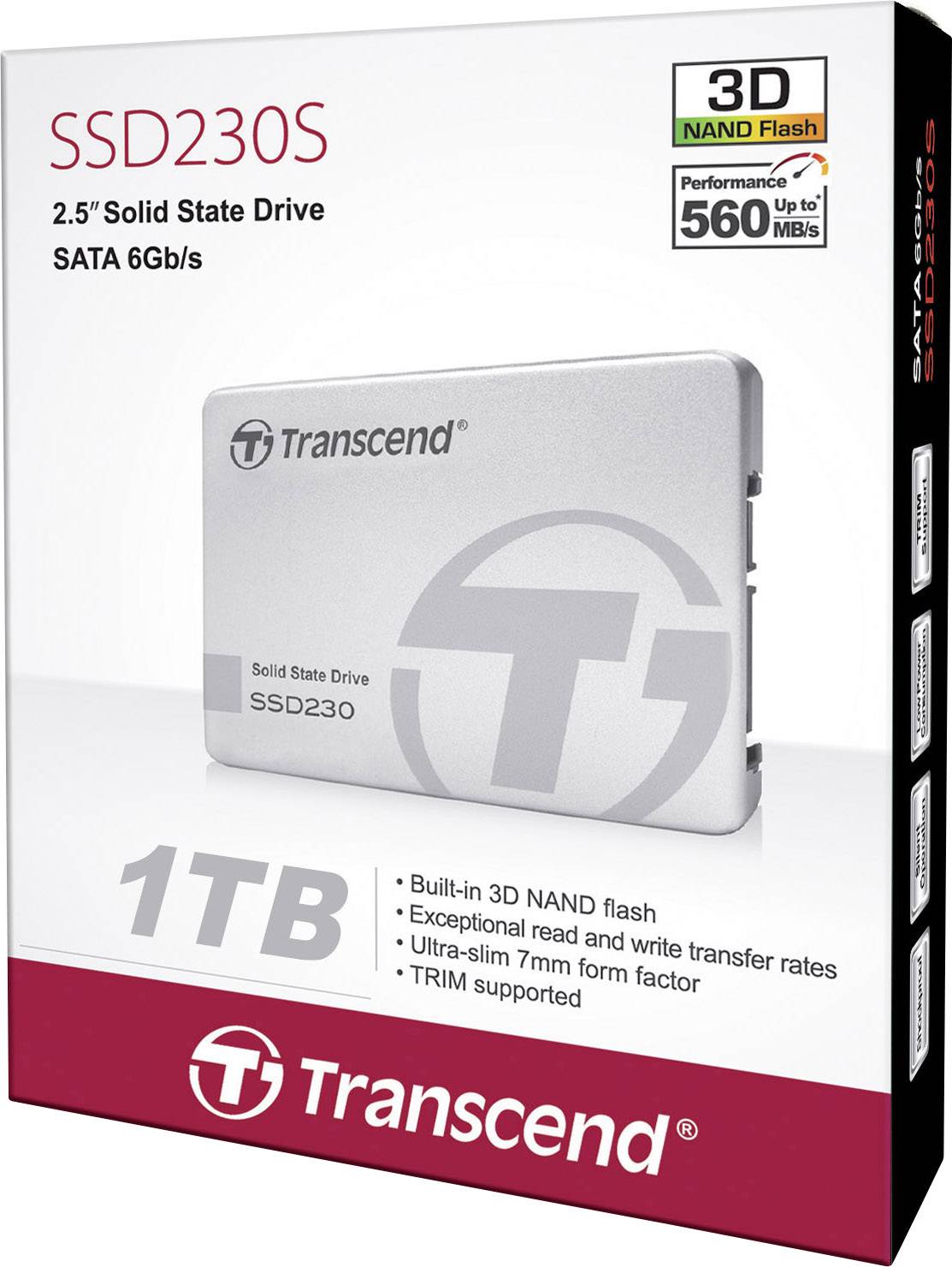 Transcend SSD230S, 2.5" Solid-State-Drive, 1TB, SATA 6Gb/s, 3D NAND Flash, Lesegeschwindigkeit bis 560MB/s, ultraschlankes 7mm-Format.