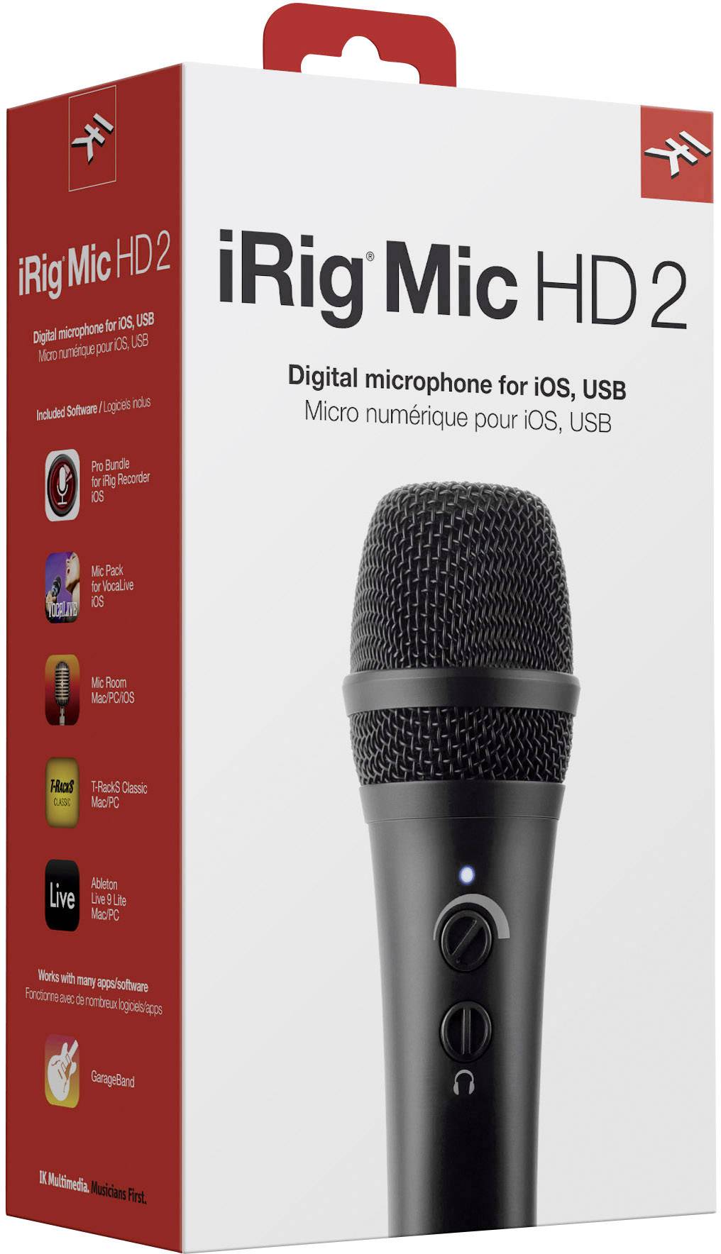 Verpackung eines 'iRig Mic HD 2'. Digitales Mikrofon für iOS, USB. Enthält Mikrofonabbildung und Kompatibilitätsinformationen.