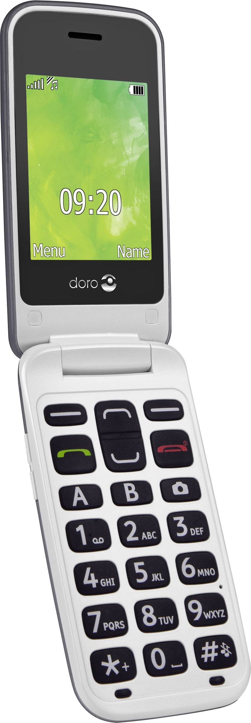 Klapphandy mit großem Tastenfeld und farbigem Display, das die Uhrzeit zeigt. Ideal für Benutzer mit Seh- oder Hörproblemen.