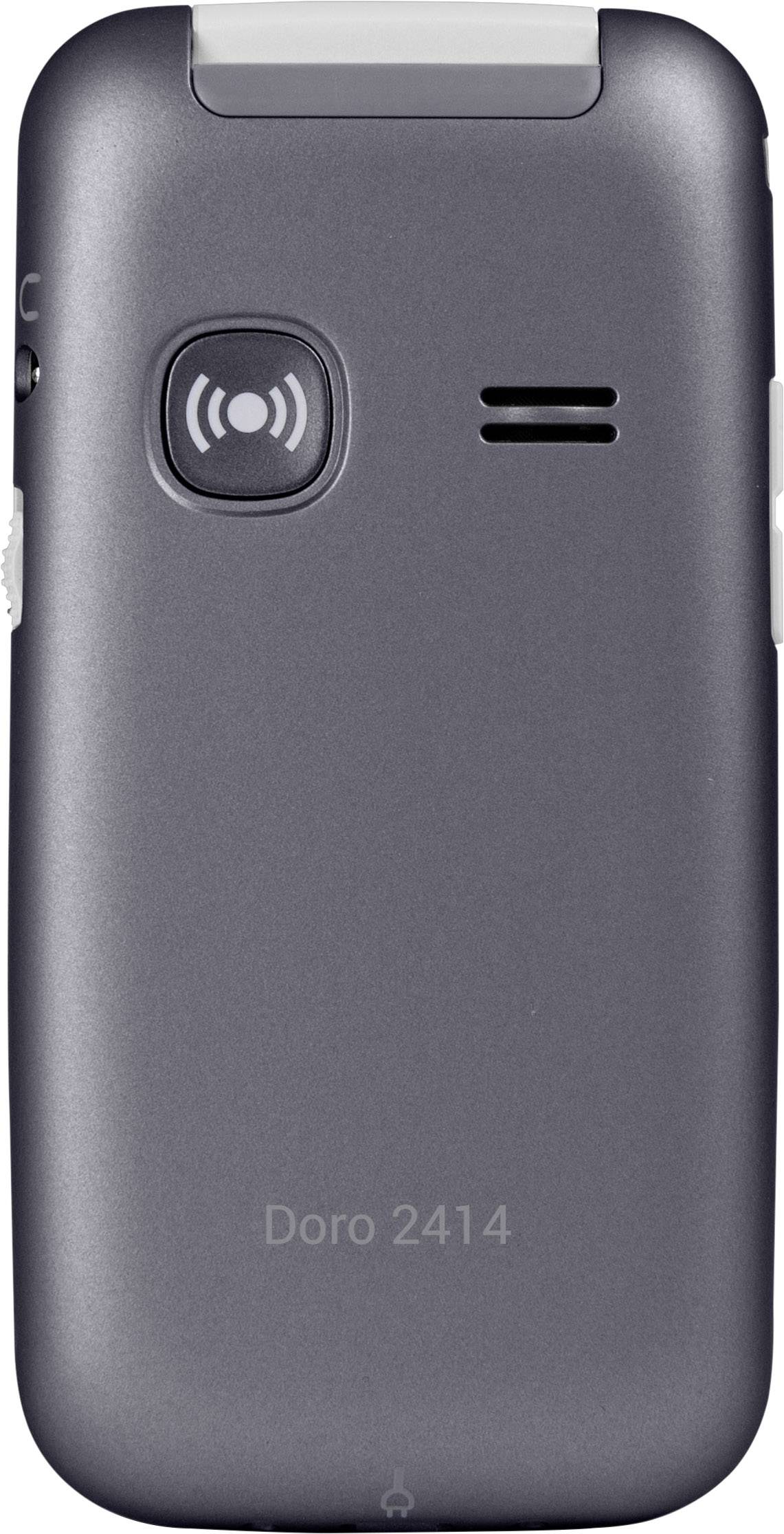 Ein graues Mobiltelefon mit Notruftaste auf der Rückseite, Modell 'Doro 2414'.