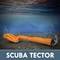 Ein orangefarbenes Unterwasser-Metalldetektor liegt auf dem Meeresboden. Unten steht der Text 'SCUBA TECTOR'.