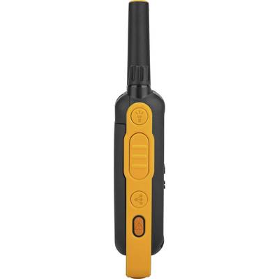 Ein schwarz-oranges Funkgerät mit Antenne, mehreren Tasten für verschiedene Funktionen, darunter eine hervorstechende orange Taste.