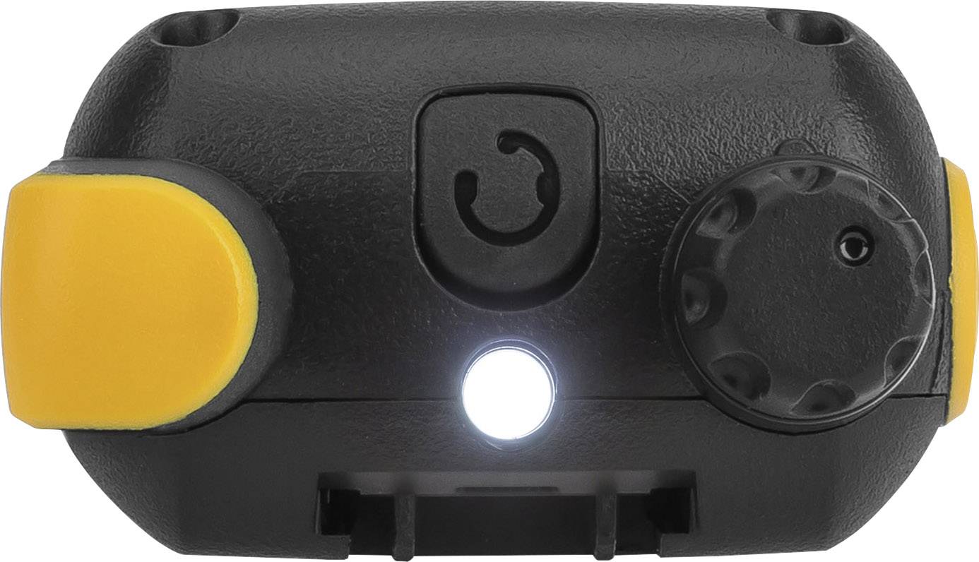 Ein schwarzes elektronisches Gerät mit gelben seitlichen Knöpfen und einem zentralen Drehknopf, möglicherweise eine Frontansicht einer Taschenlampe mit einer leuchtenden LED.