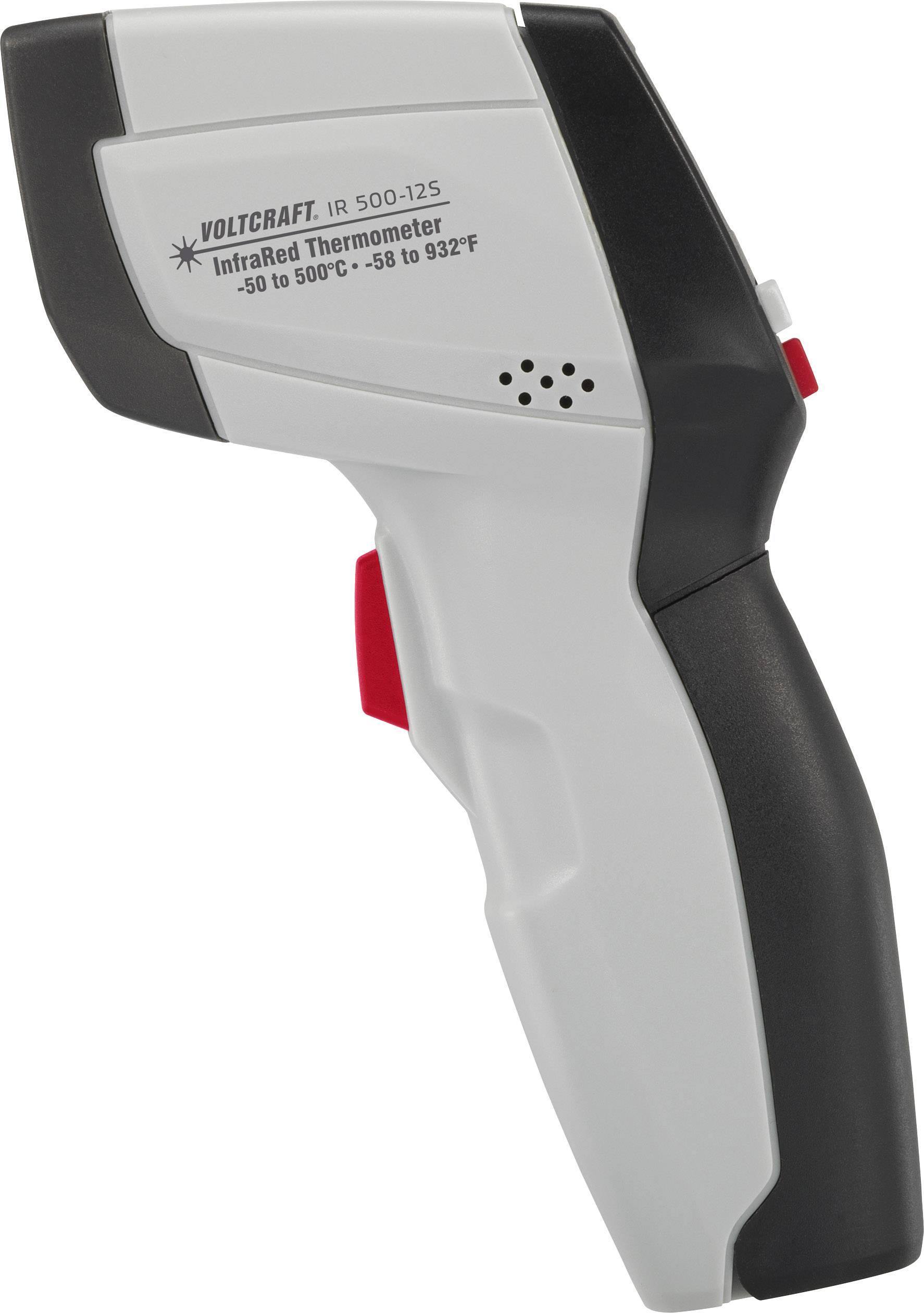 Hand-Infrarot-Thermometer in grau und schwarz mit rotem Auslöser, digitalem Displaybereich oben, für Temperaturmessungen bis 500°C.