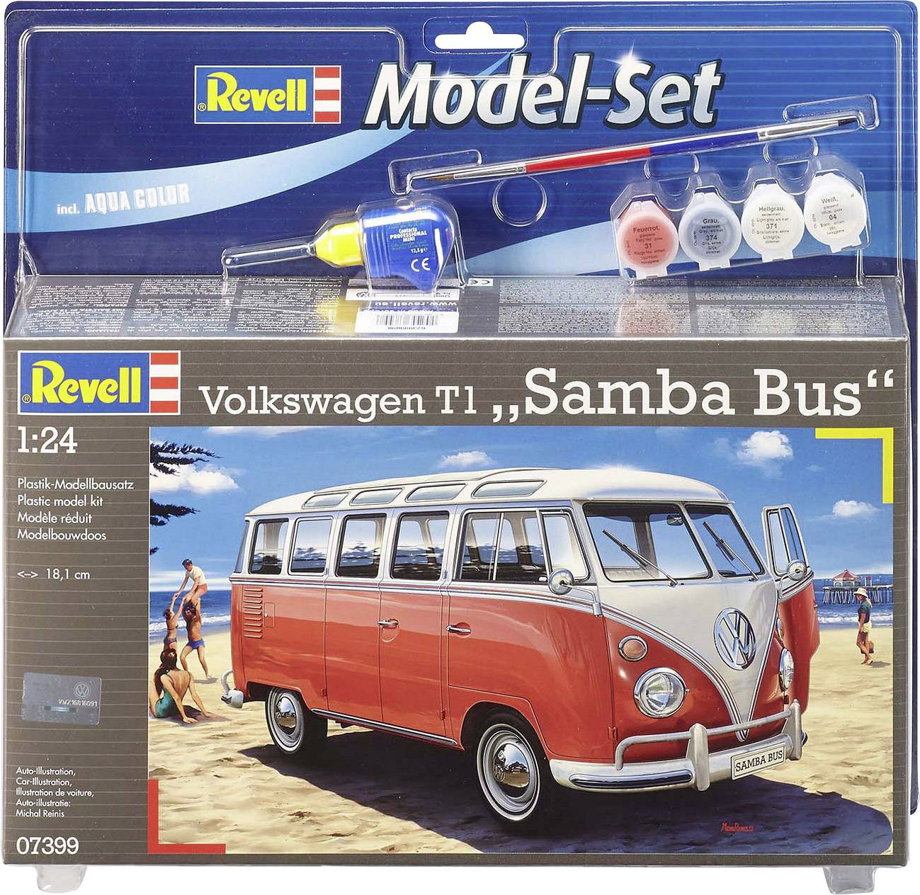 'Revell Modell-Set des Volkswagen T1 Samba Bus im Maßstab 1:24 mit Farben und Pinsel. Das Bild zeigt eine rote Modellbusverpackung.'