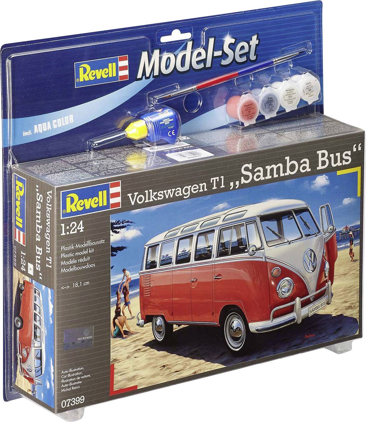 Revell Modell-Set Volkswagen T1 'Samba Bus', Maßstab 1:24, enthält Modellbauteile, Farben und Pinsel; Abbildung auf Verpackung zeigt einen roten Bus am Strand.
