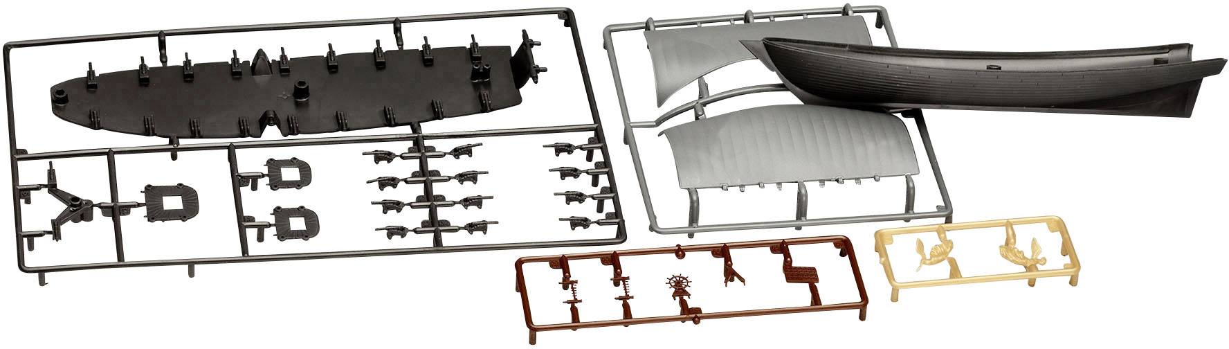 Bausatz eines Schiffsmodells mit verschiedenen Kunststoffteilen in schwarz, grau und braun. Teile müssen zusammengefügt werden.