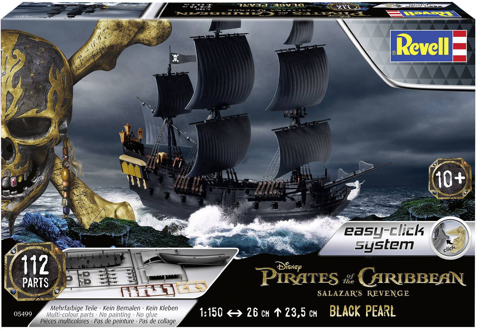Bausatz der 'Black Pearl' aus 'Pirates of the Caribbean' von Revell. Enthält 112 Teile, empfohlen ab 10 Jahren.