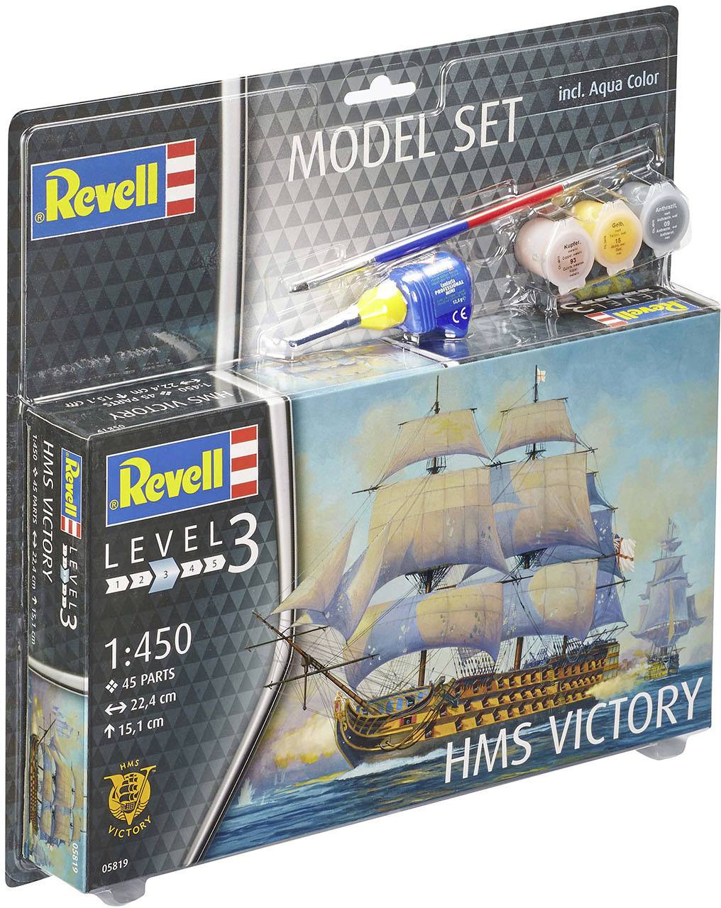 Modellbausatz der HMS Victory von Revell im Maßstab 1:450. Enthält Farben und Pinsel. Verpackung zeigt ein Bild des Segelschiffs.