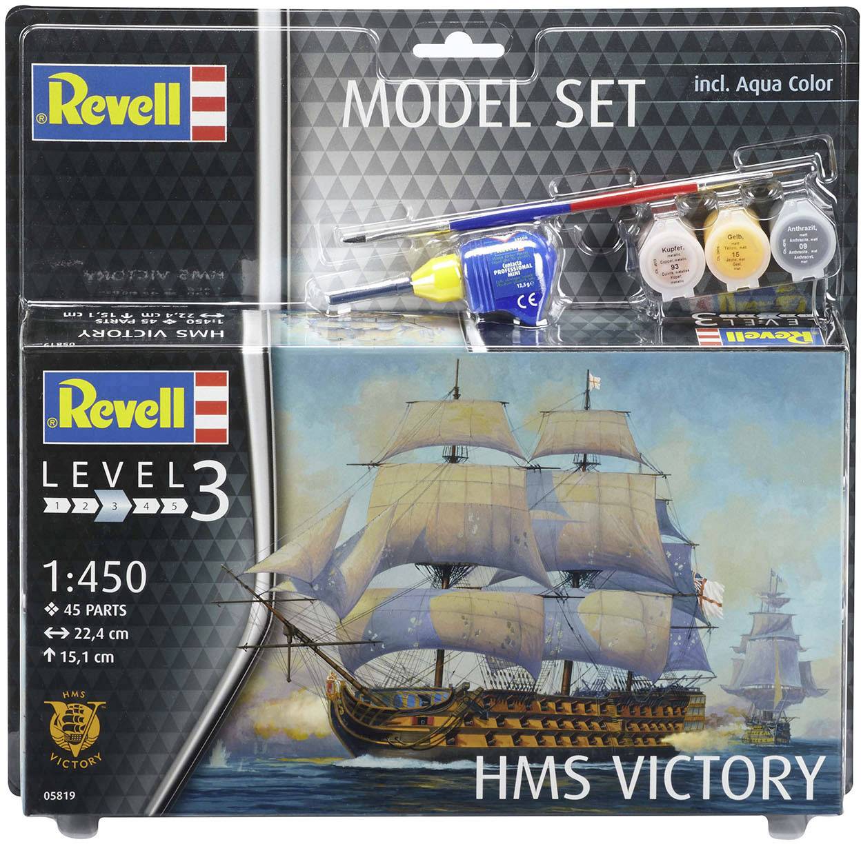 Modellbausatz der 'HMS Victory' von Revell im Maßstab 1:450. Enthält Farben, Kleber, Pinsel. Schwierigkeitsgrad 3.