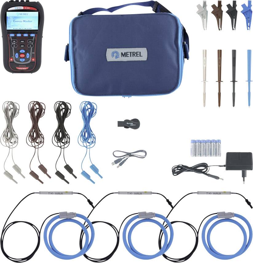 Prüfgerät-Set bestehend aus einem Multimeter, Messleitungen, Clips, Stromzangen, Batterien und einer Tragetasche mit Metrel-Logo.