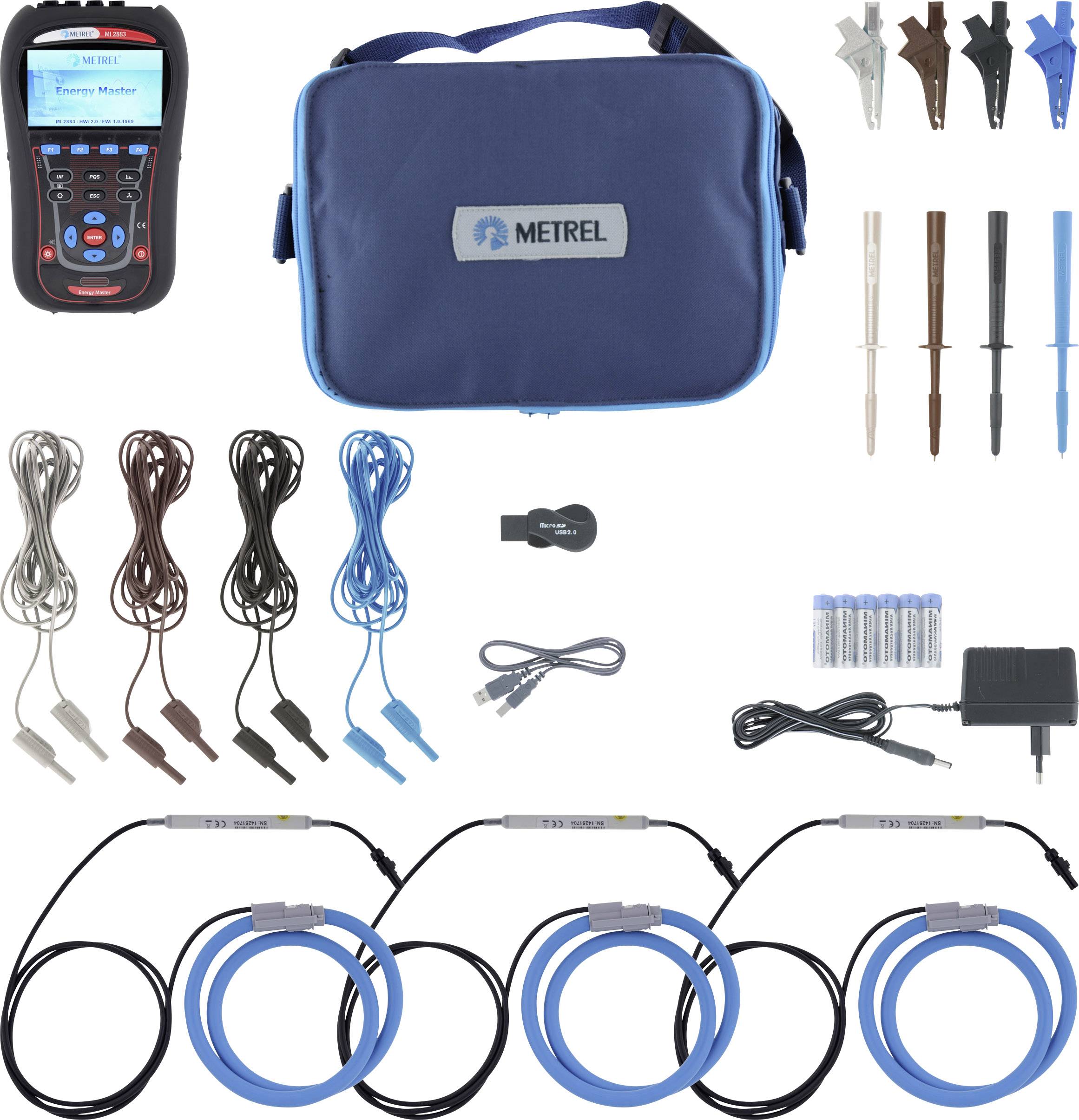 Tragbares Strommessgerät-Set mit Display, blauer Tasche, Messkabeln, Krokodilklemmen und Ladegerät. Eignet sich zur Energieüberwachung.