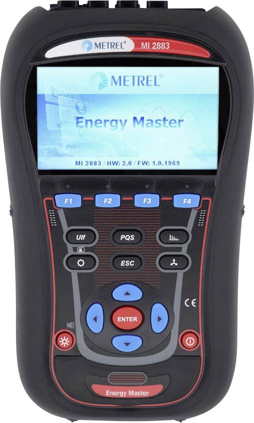 Ein tragbares Energiemessgerät mit Display, Tastenfeld und mehreren Funktionstasten. Zeigt 'Energy Master' auf dem Bildschirm.