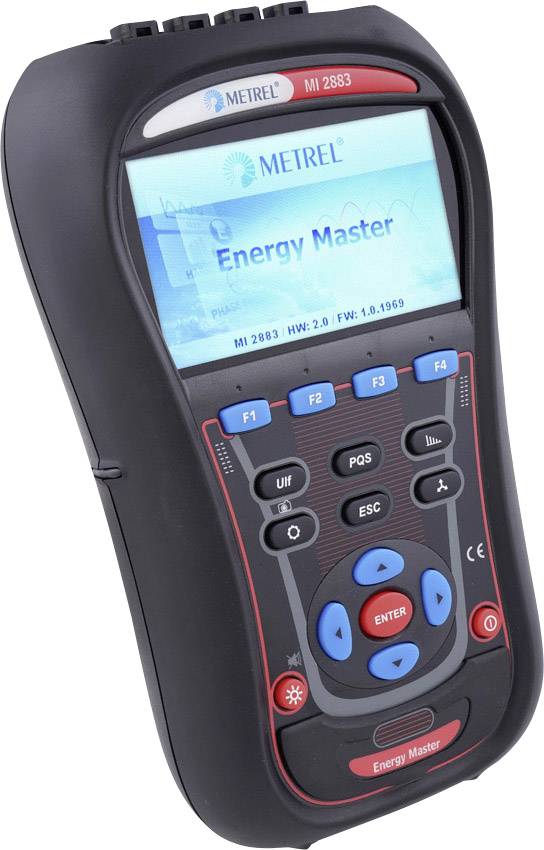 Ein digitaler Energieanalysator mit Bildschirmanzeige 'Energy Master'. Gerätetasten zur Steuerung und Messung von Energieparametern.