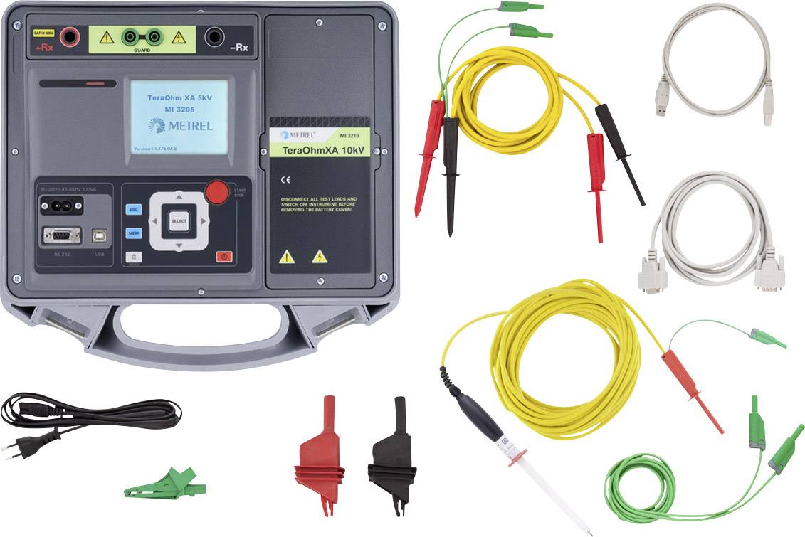 Tragbares Messgerät mit digitalem Display, umgeben von verschiedenen Kabeln und Prüfspitzen in verschiedenen Farben zur elektrischen Messung.