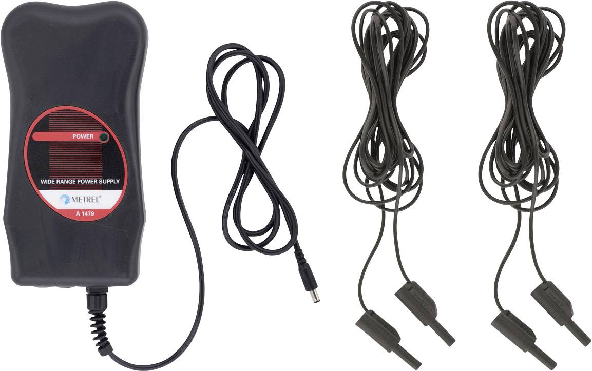 Ein schwarzes Netzteil mit zwei langen, abnehmbaren Kabeln, die jeweils an zwei kleinere Kabel mit Krokodilklemmen enden.