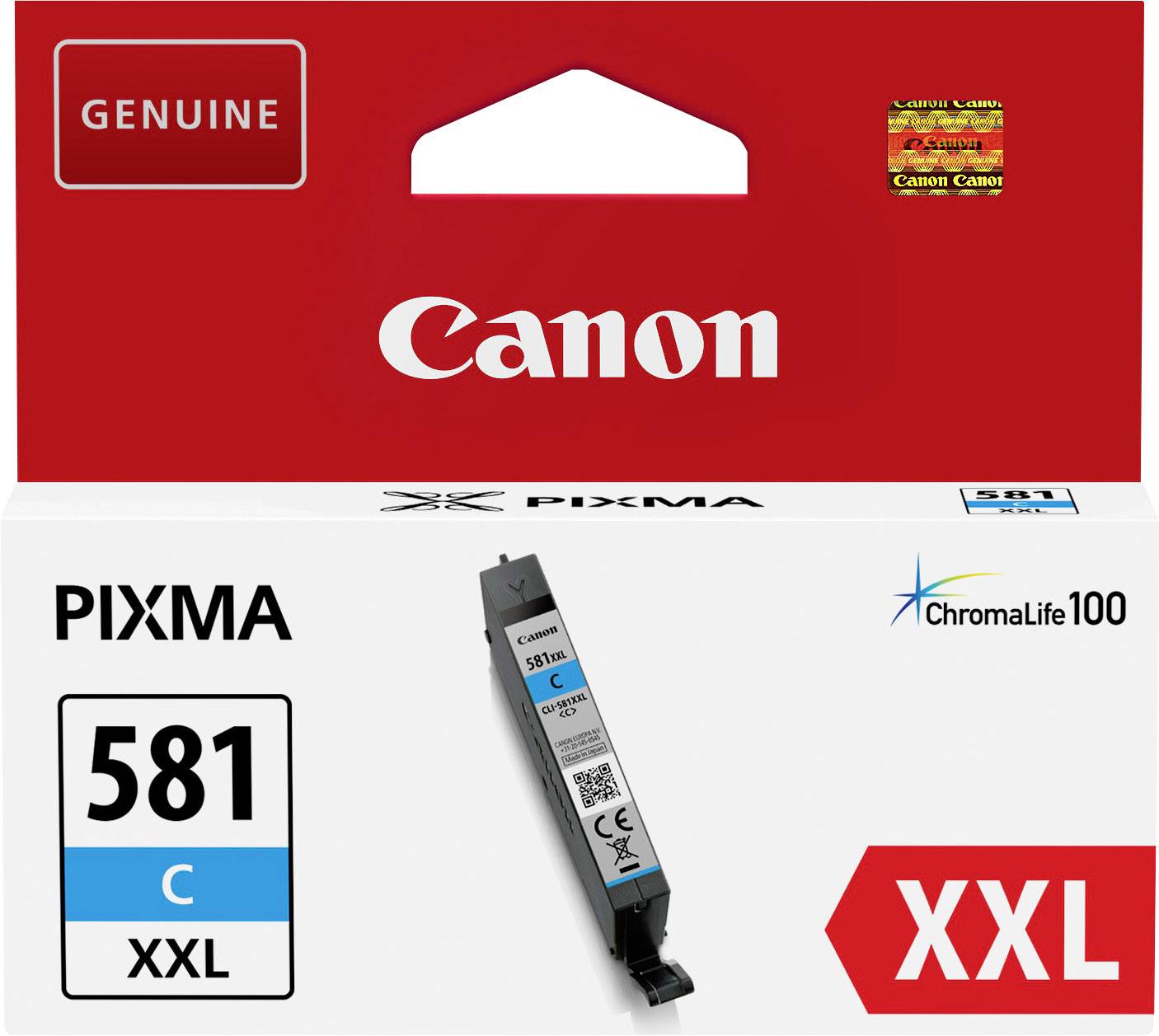 Die Abbildung zeigt eine Canon PIXMA 581C XXL Tintenpatrone in Cyan, geeignet für ChromaLife100 Drucker.