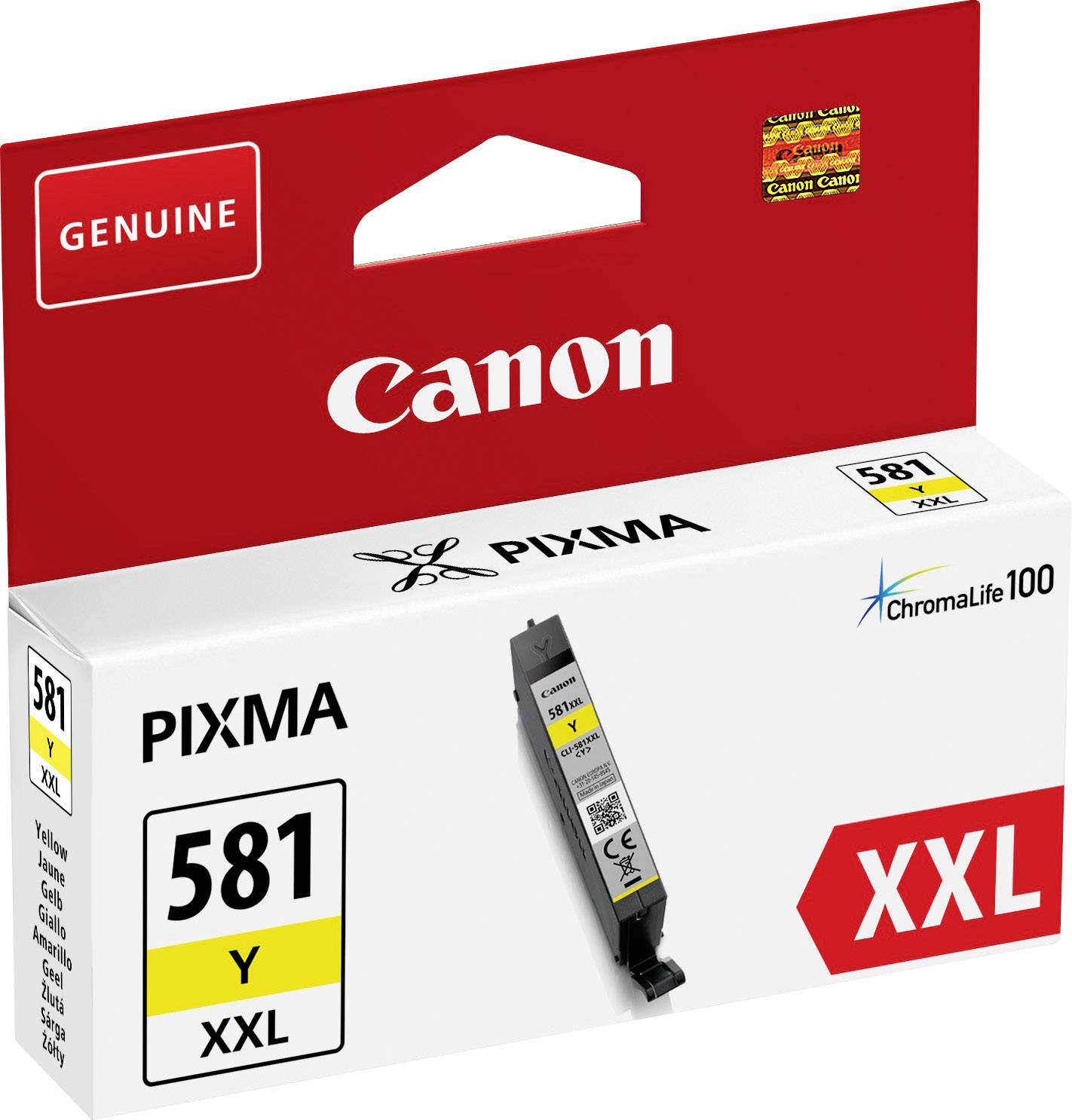 Tintenpatrone Canon PIXMA 581 Y XXL, gelb. Verpackung mit Markenlogo und ChromaLife100-Label, geeignet für Drucker der Pixma-Serie.