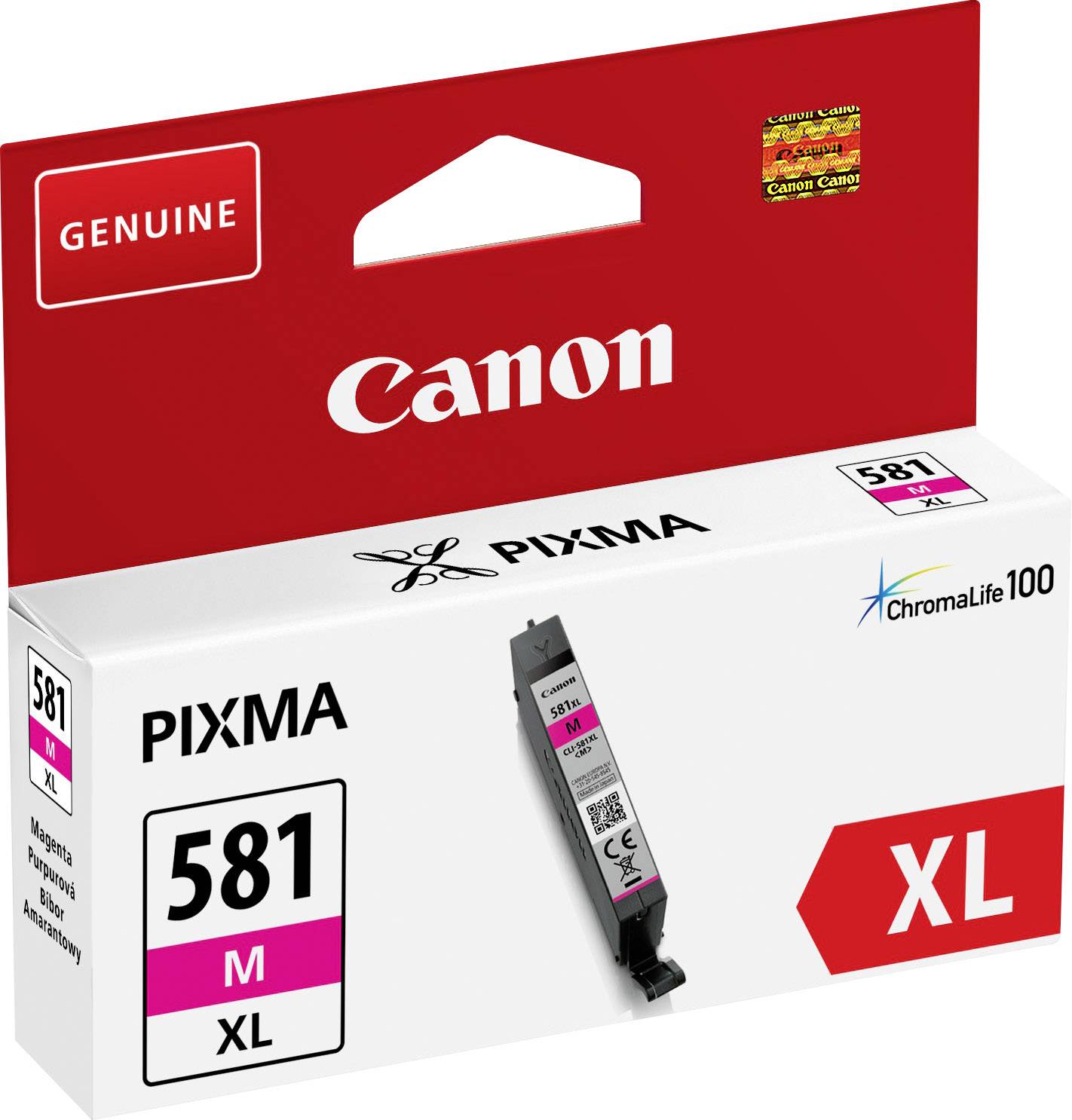 Eine Canon PIXMA Druckerpatrone 581 XL in magenta. Verpackung zeigt das 'XL'-Symbol und die Aufschrift 'ChromaLife 100+.'