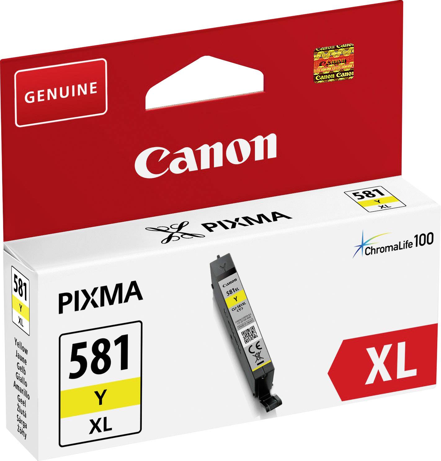 Canon PIXMA Tintenpatrone 581 Y XL in Gelb, für Canon Drucker, ChromaLife100 Technologie, OEM-Produkt, in roter Verpackung.
