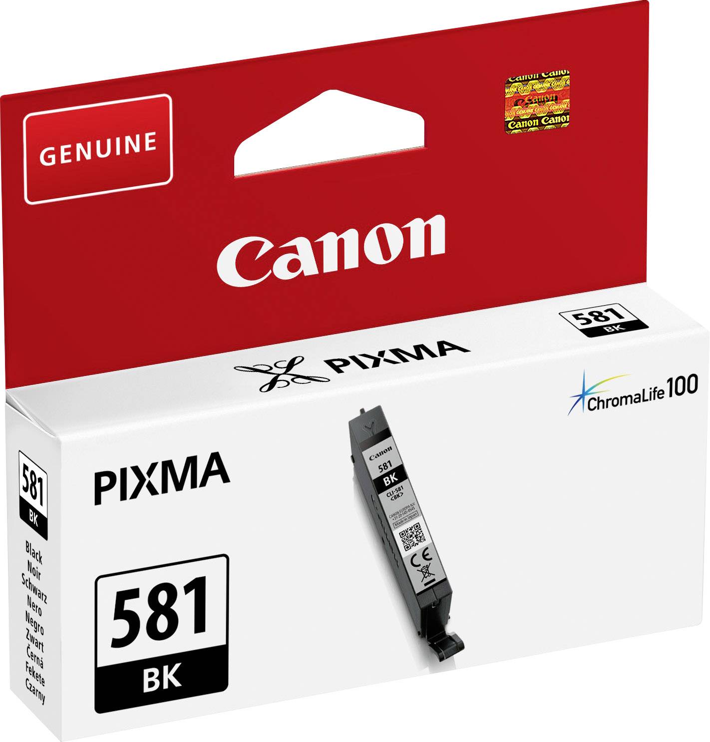 Eine schwarze Canon PIXMA 581 BK Tintenpatrone in ihrer Originalverpackung. Verpackung zeigt 'ChromaLife100' Logo.