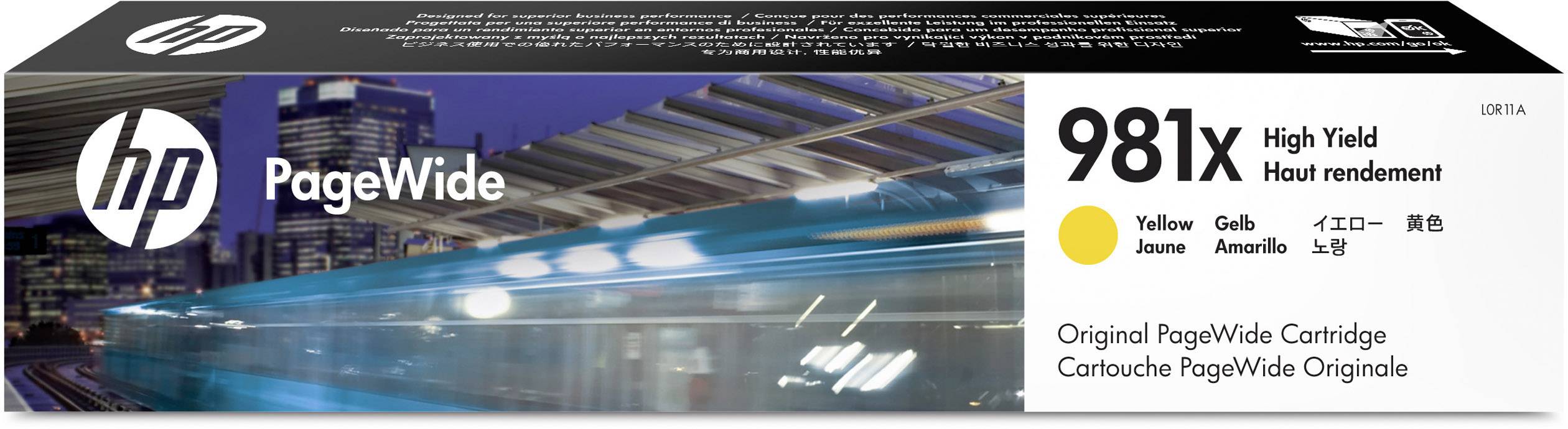 Verpackung für 'HP PageWide 981X High Yield' Tintenpatrone in Gelb. Enthält die Aufschrift in mehreren Sprachen und ein verschwommenes Bild einer Stadt bei Nacht.