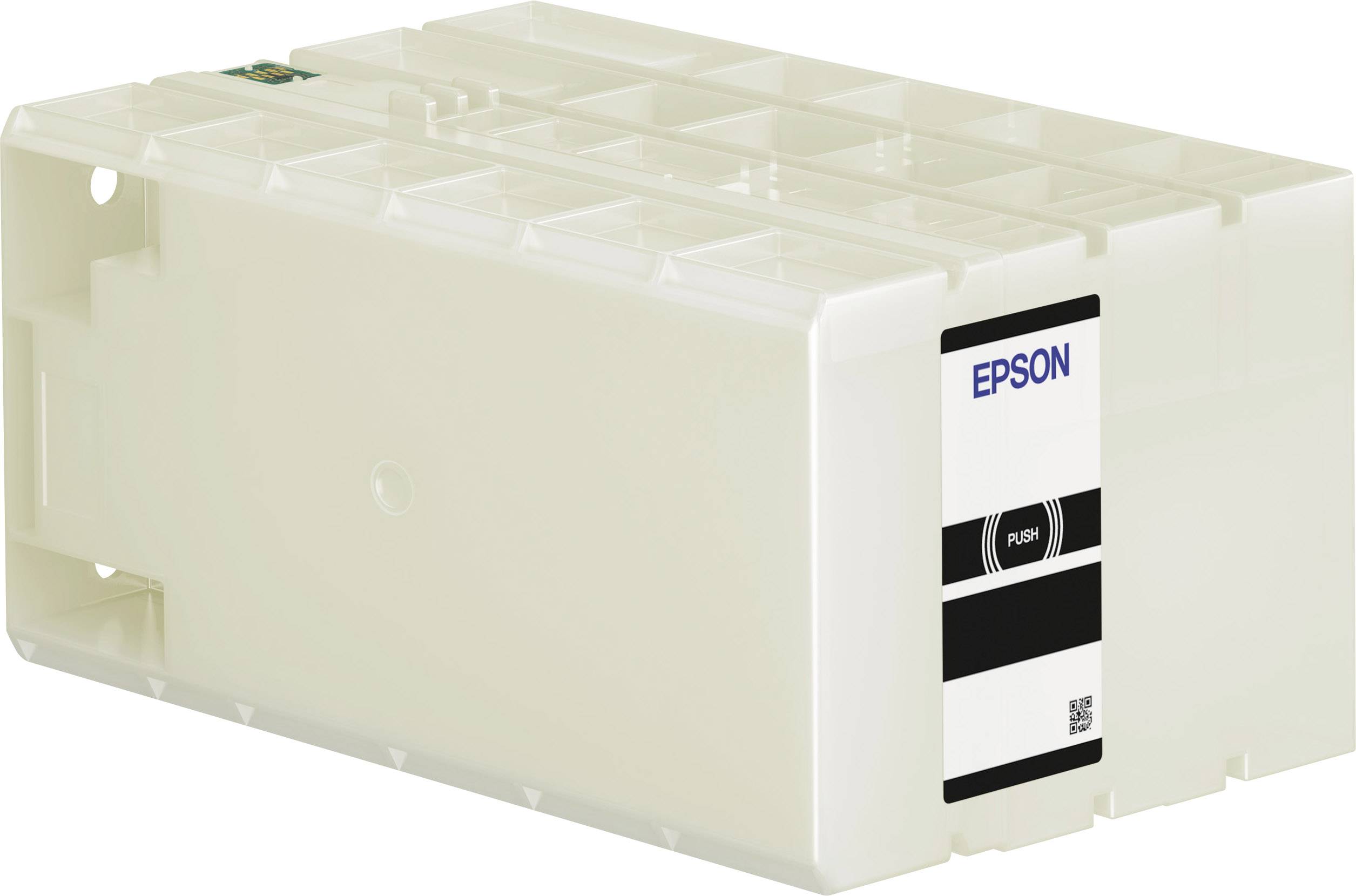 Großer weißer Epson Tintenbehälter mit Etikett auf der Seite, das 'Push' in der Mitte zeigt.