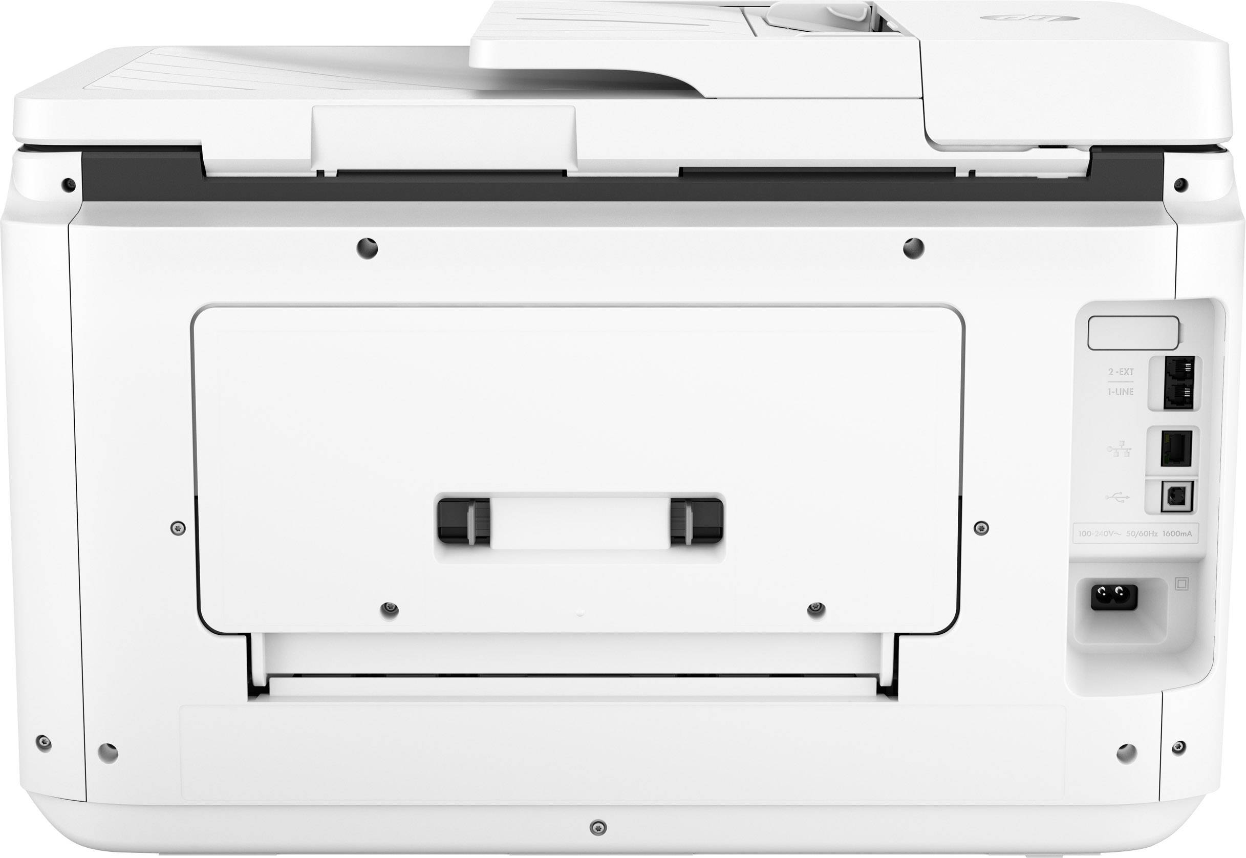 Ein weißer Laserdrucker von hinten mit einem Papierfach unten und mehreren Anschlussmöglichkeiten rechts.