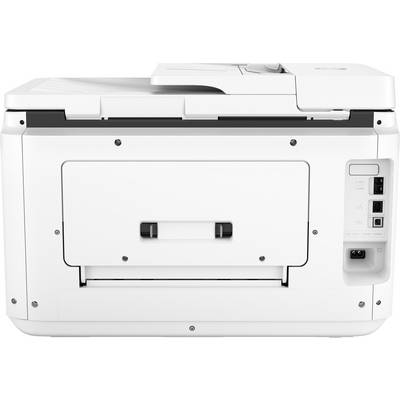 Ein weißer Laserdrucker von hinten mit einem Papierfach unten und mehreren Anschlussmöglichkeiten rechts.